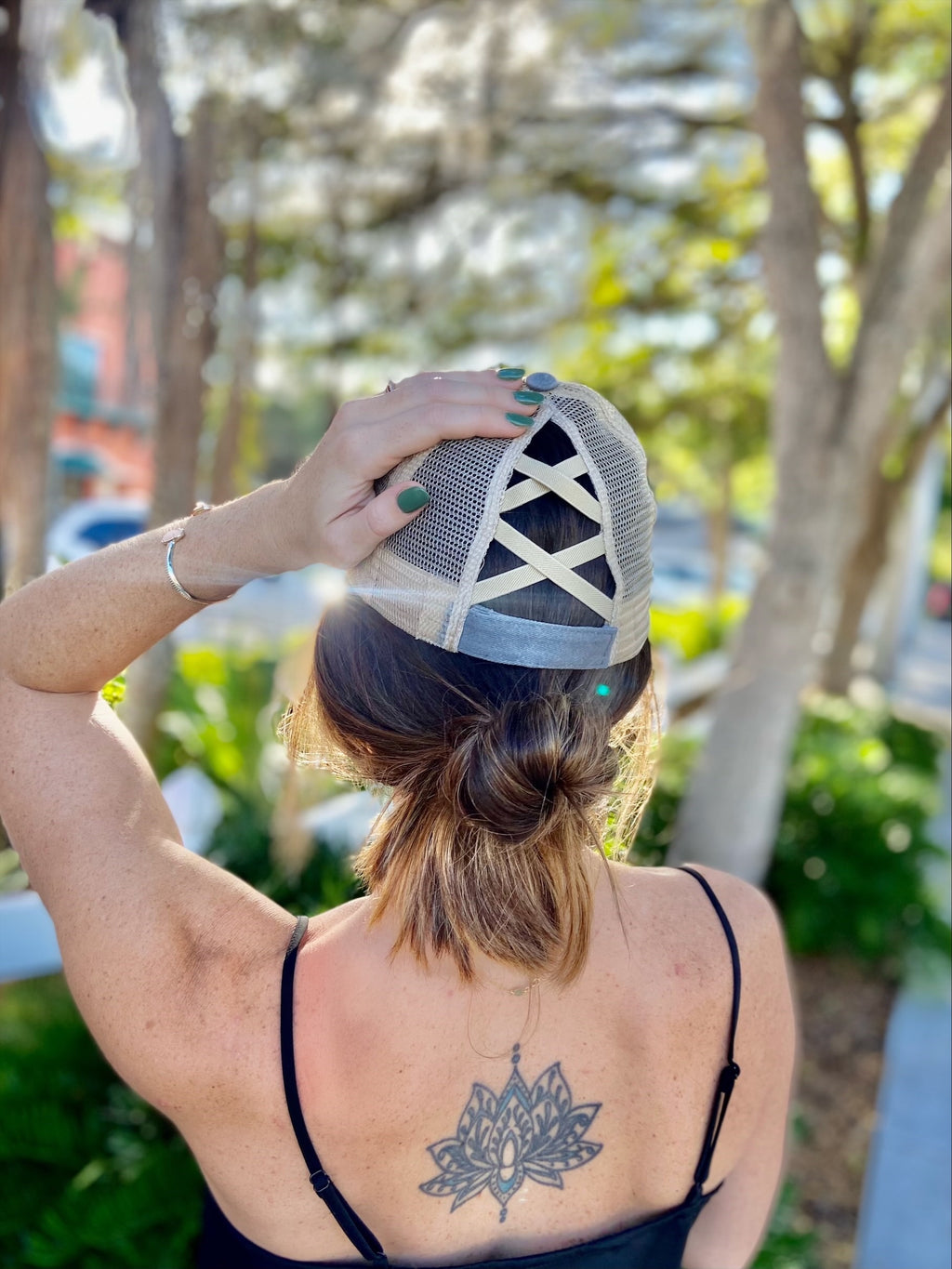 Vintage Embroidered Denim Criss Cross Ponytail Hat